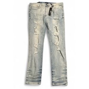 Fashion Nova Jeans Mens *36x32 (*38 ) Distressed Ripped Skinny Light Wash Denim